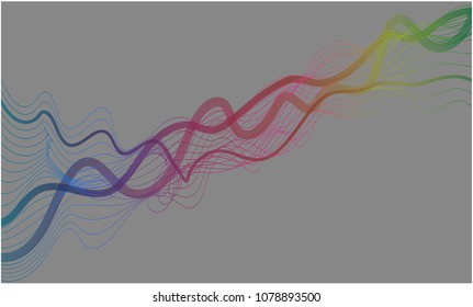 Vector - Line art in colored wavy forms. Yellow, pink, red, green, blue on a grey background.