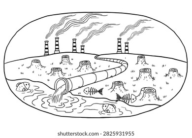 Vector line art coloring book page pollution of environment deforestation, industrial factory smoke waste pipe and dead fish
