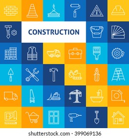 Vector Line Art Construction Icons Set. Vector Set of Modern Thin Outline Building and Working Items over Colorful Squares.
