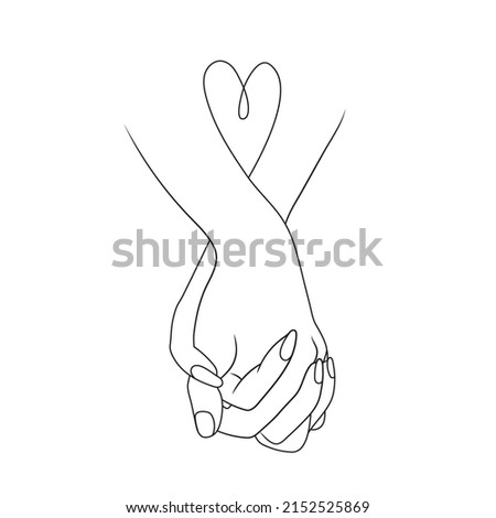 Vector Line Art Couple Holding Hand Illustration, Romantic Heart Shape Wedding Concept, Couple Relationship Love Black Line Isolated on White Background.