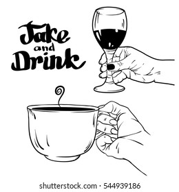 Vector line art with cup of tea and wineglass with wine. Isolated on white background. Realistic sketch.