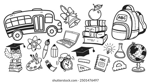 Vector line art cute illustration collection of back to school education symbols and objects 