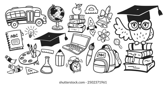 Vector line art cute illustration set of back to school education symbols and objects 