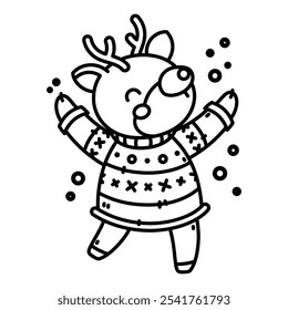 Vector line art of a cute reindeer wearing a sweater. Isolated and easy to use, this charming design is perfect for your creative projects.