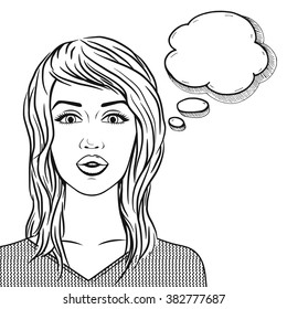 Vector line art cute young woman with speech bubble, awesome girl graphic sketch