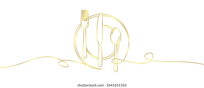 vector line art of cutlery plate, spoon and fork