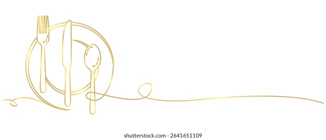 vector line art of cutlery plate, spoon and fork