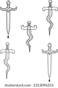 Vector line art dagger design set heroic knife icon symbol contour images Decorated sword weapon illustration Traditional Tattoo Sketch. Clip art game, kids adventure book, logo epic old school style