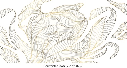 Vector line art deco gold leaves, flowers background. Vintage floral plant pattern, elegant japanese ornament, fancy royal poster