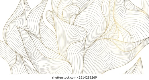 Vector line art deco gold leaves, flowers background. Vintage floral plant pattern, elegant japanese ornament, fancy royal poster
