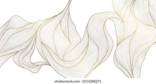 Vector line art deco gold leaves, flowers background. Vintage floral plant pattern, elegant japanese ornament, fancy royal poster