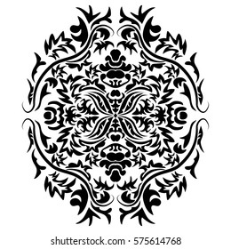 Vector line art decor, ornate vignette for design template. Eastern style element. Black outline floral decor. Mono line illustration for invitations, cards, coloring book, thank you message.