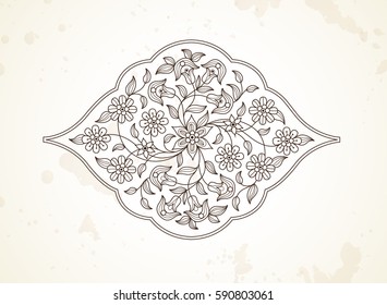 Vector line art decor; ornate vignette for design template. Eastern style element. Black outline floral decoration. Mono line illustration for invitation; card; coloring book; thank you message.