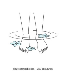 Vector line art depicting feet soaking in spa water with flowers, ideal for relaxation and wellness themes.