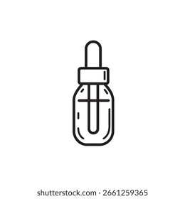 Vector line art depicts a clear medicine dropper bottle. Perfect for illustrating pharmaceutical products, essential oils, or aromatherapy treatments on white background.