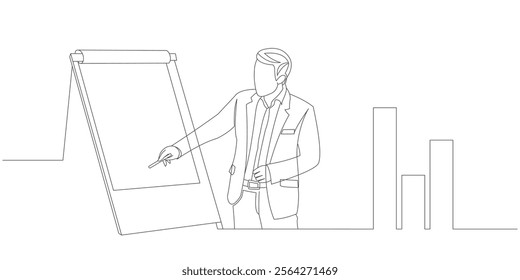 vector line art design of a boss in an office presenting a company sales turnover chart