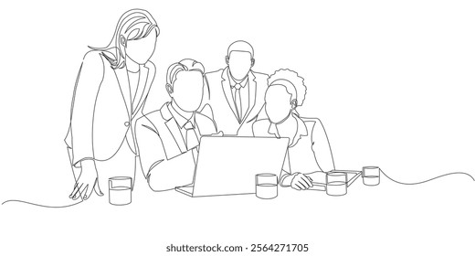 vector line art design of a boss in an office presenting a company sales turnover chart	