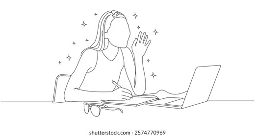 vector line art design of a freelance woman doing a zoom meeting with a customer	