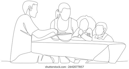 vector line art design illustration of a father cutting a watermelon to share with his children and wife, for the summer bank holiday