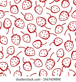 Vector line art design seamless pattern. Linear red strawberry. Fresh delicious berries . For textile, fabric, wallpaper, wrapping paper, scrapbooking.