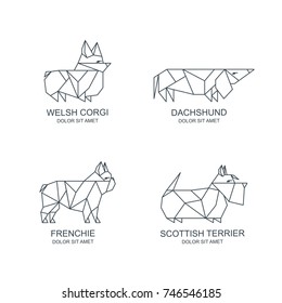 Vector line art dogs logo icon or emblem set. Outline illustrations of dachshund, welsh corgi pembroke, french bulldog, scottish terrier. Breed of dogs trendy geometric illustration.