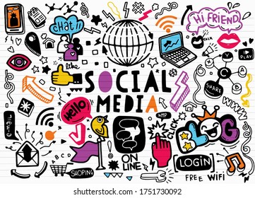 Vector line art Doodle cartoon set of objects and symbols on the Social Media theme