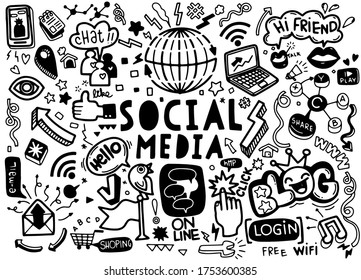 Vector line art Doodle cartoon set of objects and symbols on the Social Media theme