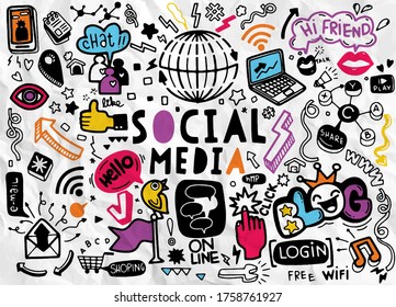 Vector line art Doodle cartoon set of objects and symbols on the Social Media theme