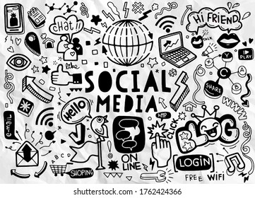 Vector line art Doodle cartoon set of objects and symbols on the Social Media theme