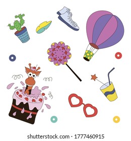 Dibujo de la línea de vectores Juego de dibujos animados Doodle de objetos.Parche, pegatina de insignias. Colección de iconos, patrón para ropa, camisetas, impresión, diseño web, postales.
