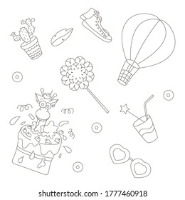 Vector line art Doodle cartoon set of objects.