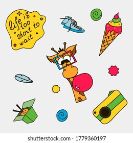 Vector line art Doodle cartoon set of objects.Patch, badge sticker. Collection of icons, pattern for clothes, t-shirts, print, web design, postcards.