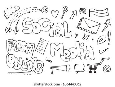 Vector line art Doodle cartoon set of objects and symbols on the Social Media theme.