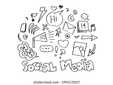 Vector line art Doodle cartoon set of objects and symbols on the Social Media theme.
