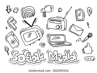 Vector line art Doodle cartoon set of objects and symbols on the Social Media theme.