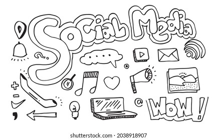 Vector line art Doodle cartoon set of objects and symbols on the Social Media theme.