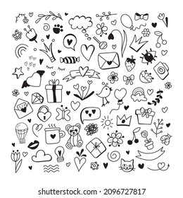 Vector line art Doodle cartoon set of objects and symbols. Valentine's Day. Doodle. Use for concept design. All objects are separated. Vector illustration