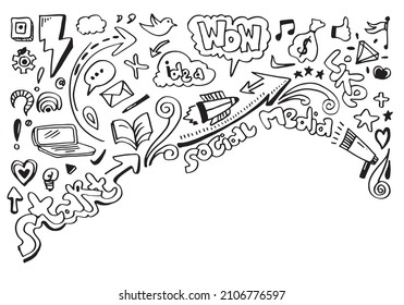 Vector line art Doodle cartoon set of objects and symbols on the Social Media theme.