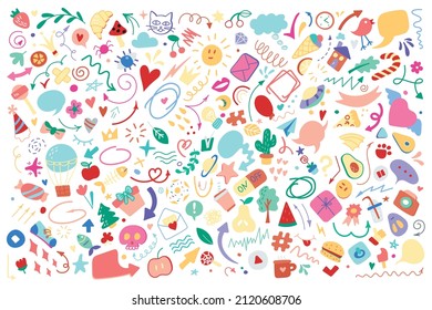 Vector line art Doodle cartoon set of objects and symbols. Doodle. Use for concept design. All objects are separated. Vector illustration