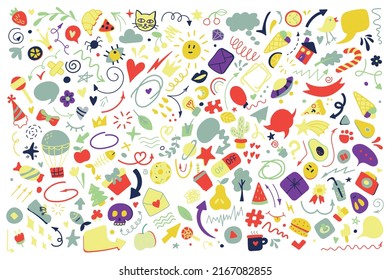 Arte de la línea de vector Dibujo de dibujos animados de objetos y símbolos. Doodle. Se utiliza para el diseño de conceptos. Todos los objetos están separados. Ilustración del vector