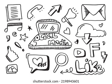 Arte de línea vectorial Dibujo de Doodle conjunto de objetos y símbolos sobre el tema de los medios sociales.