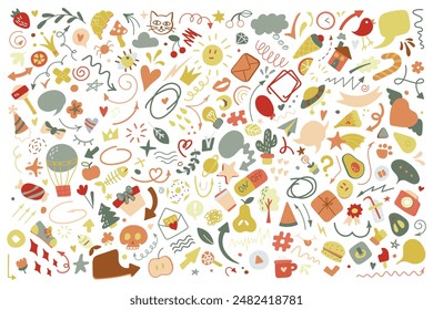 Vector line art Doodle cartoon set of objects and symbols. Doodle. Use for concept design. All objects are separated. Vector illustration