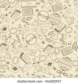 Vector line art Doodle cartoon set of objects and symbols on the Social Media theme Seamless retro