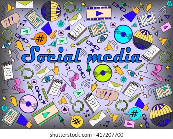 Vector line art Doodle cartoon set of objects and symbols on the Social Media theme