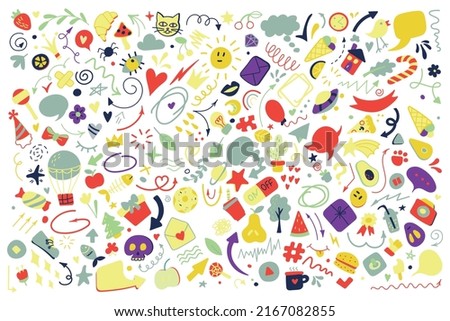 Vector line art Doodle cartoon set of objects and symbols. Doodle. Use for concept design. All objects are separated. Vector illustration