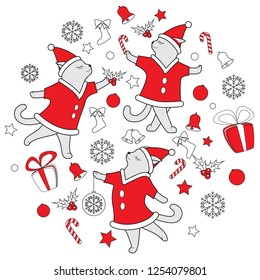 Vector line art doodle cute dancing cats illustration for christmas