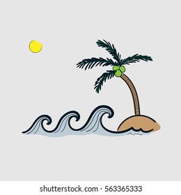 Vector line art Doodle. Each coastal waves and coconut trees, one bound. wave sea