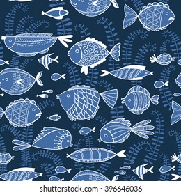 Vector line art doodle illustration. Cute seamless pattern  background with fishes in cartoon style