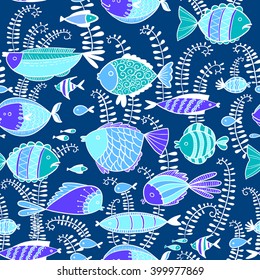 Vector line art doodle illustration. Cute seamless pattern  background with fishes in cartoon style