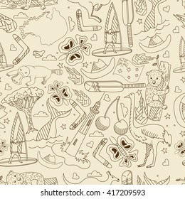 Vector line art Doodle set of cartoon characters and objects on Australia. Seamless retro